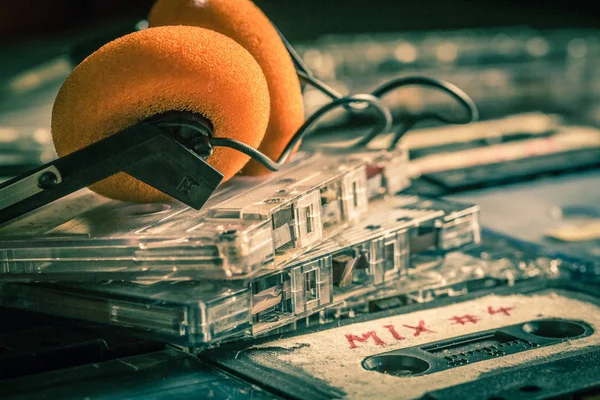 Retro Pile Cassette Tape Wooden Table — Stock Photo, Image