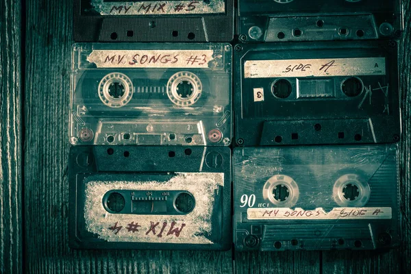 Set Old Audio Cassettes Wooden Table — Stock Photo, Image