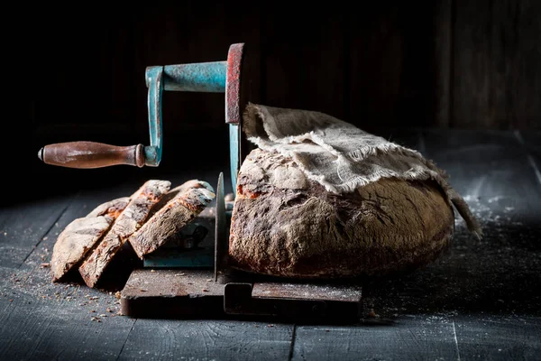 Rustic Bread Slicer Flour Crumbs — Stock Photo, Image