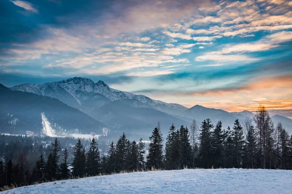 Concursos Esquí Invierno Zakopane Atardecer Polonia — Foto de Stock