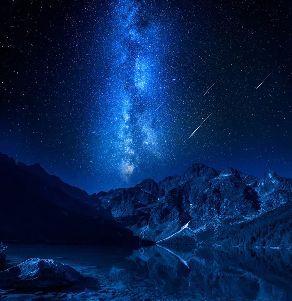 Falling stars, milky way at the lake in Tatras, Poland