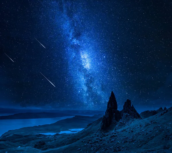 Falling Stars Old Man Storr Night Scotland — Stock Photo, Image