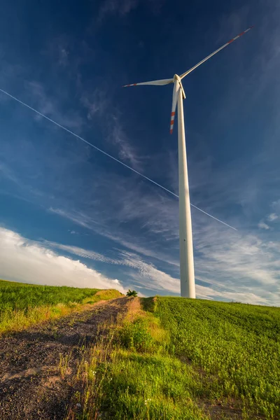 Větrné Elektrárny Zelené Louce Modrá Obloha Krajině — Stock fotografie