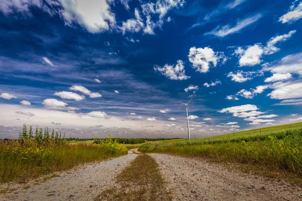 绿色田野和乡间小路上的风力涡轮机 — 图库照片