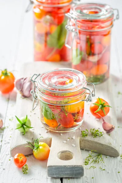 Preparation Fresh Canned Red Tomatoes Jar — Stock Photo, Image
