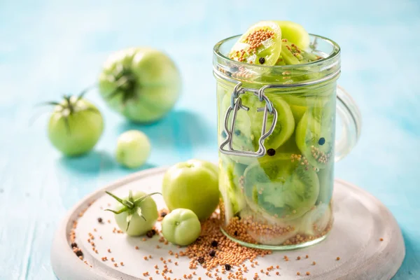 Tomates Verdes Conserva Naturais Saudáveis Frasco — Fotografia de Stock