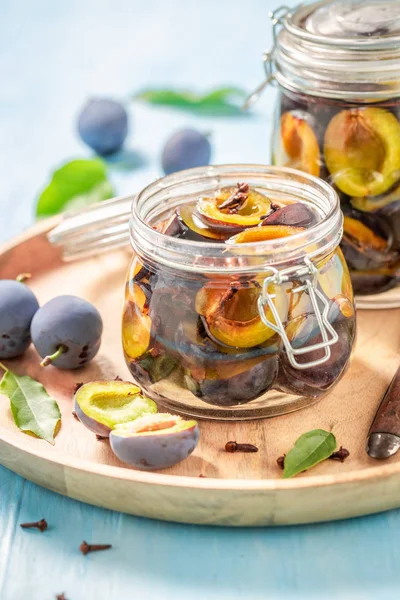 Homemade Pickled Purple Plums Jar — Stock Photo, Image