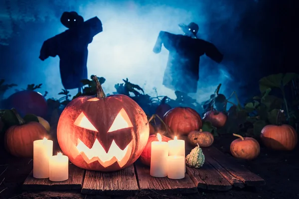 Calabaza Halloween Con Espantapájaros Campo Niebla —  Fotos de Stock