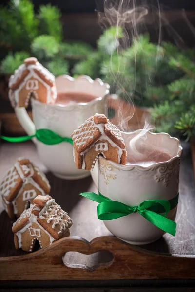 Primer Plano Casitas Jengibre Caseras Con Chocolate Para Navidad — Foto de Stock