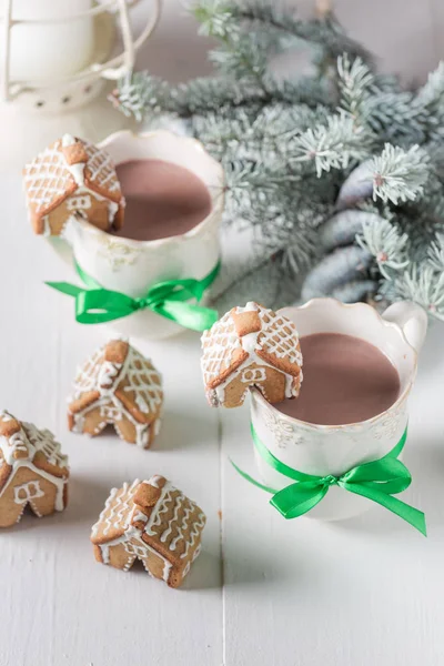 Sweet Gingerbread Cottages Hot Chocolate Christmas — Stock Photo, Image
