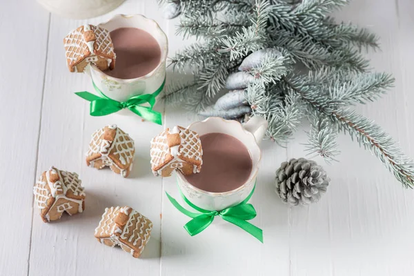 Top View Gingerbread Cottages Hot Chocolate Christmas — Stock Photo, Image