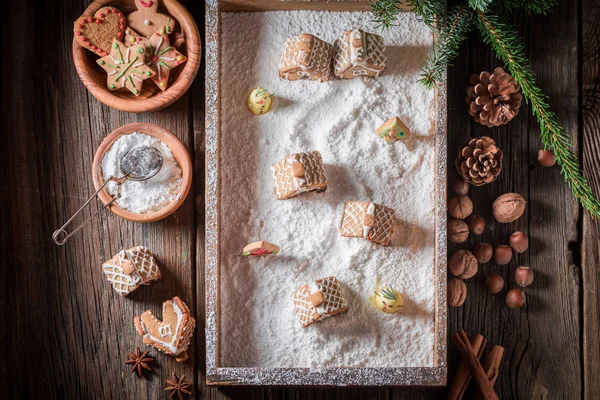 Top View Christmas Gingerbread Village Snowman Trees — Stock Photo, Image