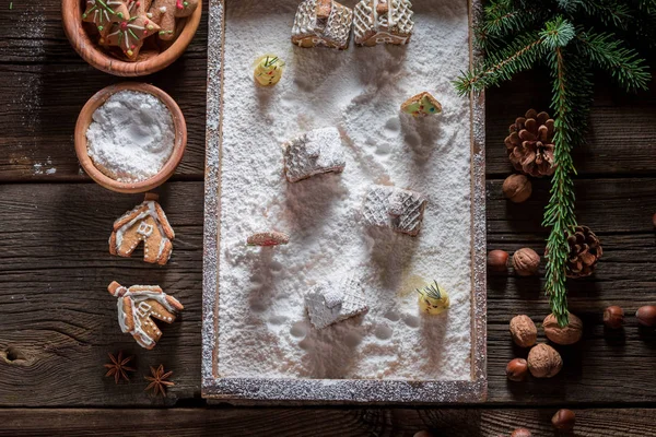 Blick Von Oben Auf Schöne Und Leckere Lebkuchenhäuser Weihnachten — Stockfoto