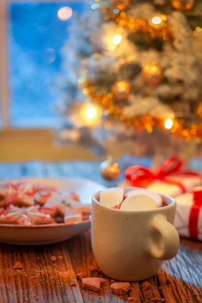 Gorgeous Christmas Tree Gifts Lights Frozen Window — Stock Photo, Image