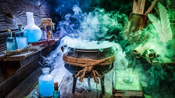 Cabane Sorcières Avec Rouleaux Livres Potions Bleues Pour Halloween — Photo