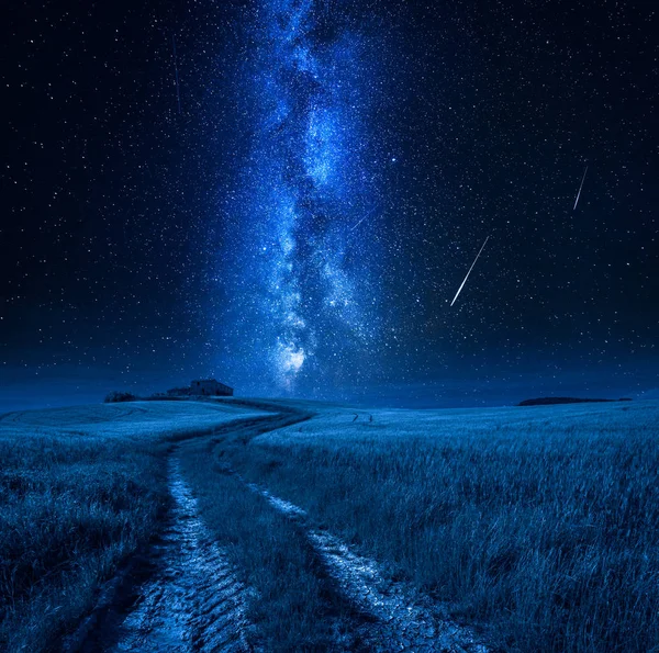 Milky way and falling stars over country road, Tuscany