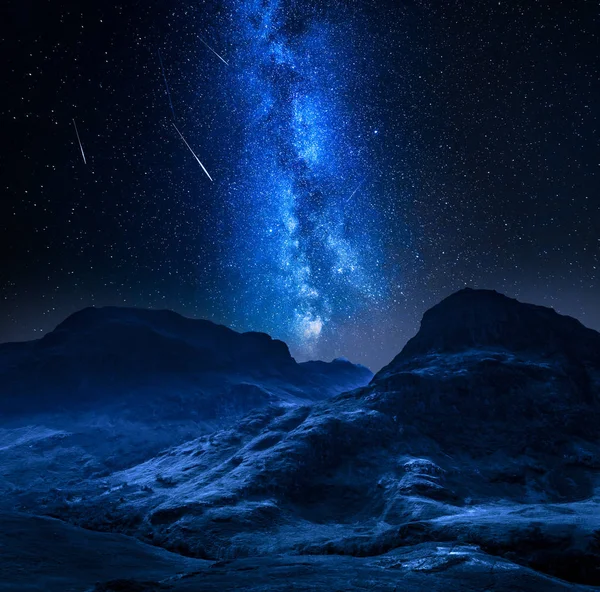 Milky way and falling stars in highland in Glencoe, Scotland