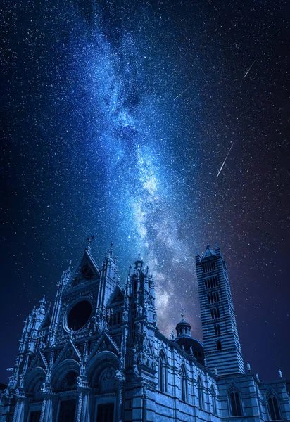 Catedral Siena Noite Com Estrelas Cadentes Toscana Itália — Fotografia de Stock