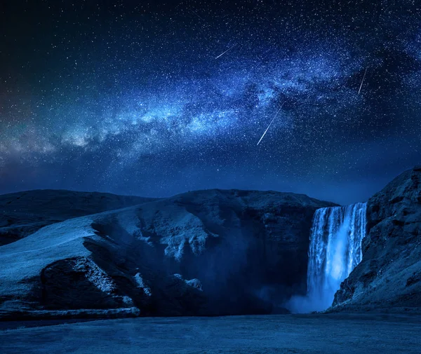 Milky Way Falling Stars Skogafoss Waterfall Iceland — Stock Photo, Image