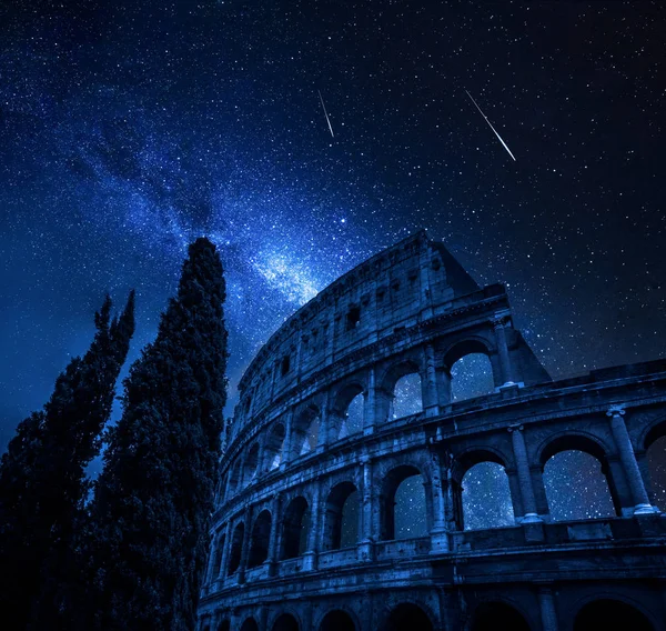 Colosseum Rome Milky Way Falling Stars Italy — Stock Photo, Image