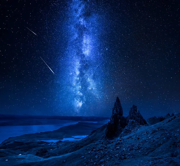 Milky Way Falling Stars Old Man Storr Scotland — Stock Photo, Image