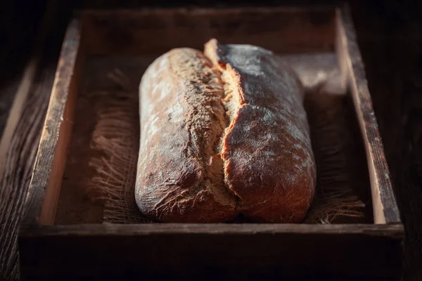 Closeup Loaf Bread Dark Rustic Table — Stock Photo, Image