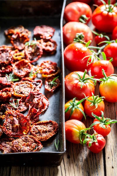 Tasty tomatoes dried in the sun as aromatic ingredients