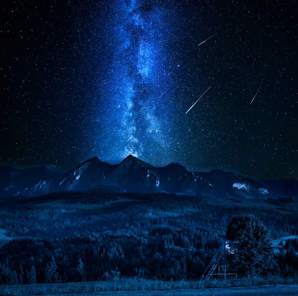 Milky way and falling stars over Tatra mountains in Poland