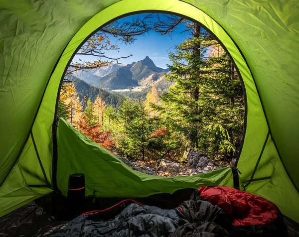 Vue Tente Aux Montagnes Tatra Automne Lever Soleil — Photo