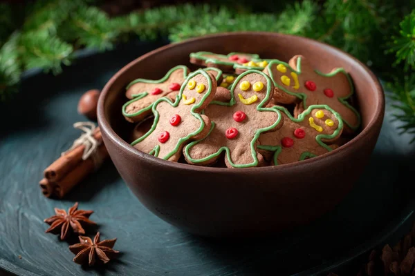 Closeup Homemade Cookies Brown Bowl Christmas — Stock Photo, Image