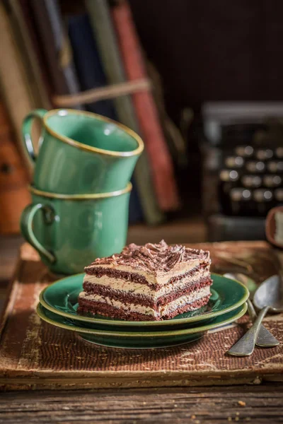 Chocolate Cake Coffee Writer Desk — Stock Photo, Image