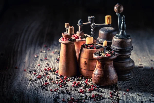 Wooden Pepper Mills Different Types Pepper — Stock Photo, Image