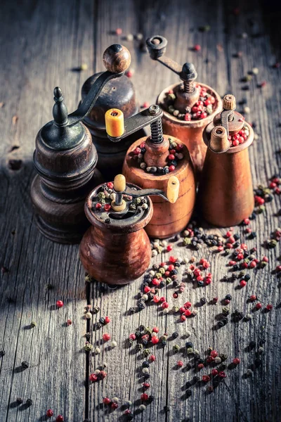 Rustic Pepper Mills Different Types Pepper — Stock Photo, Image