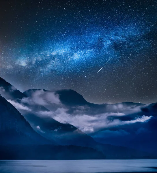 Milky Way Fogged Mountains Morning — Stock Photo, Image