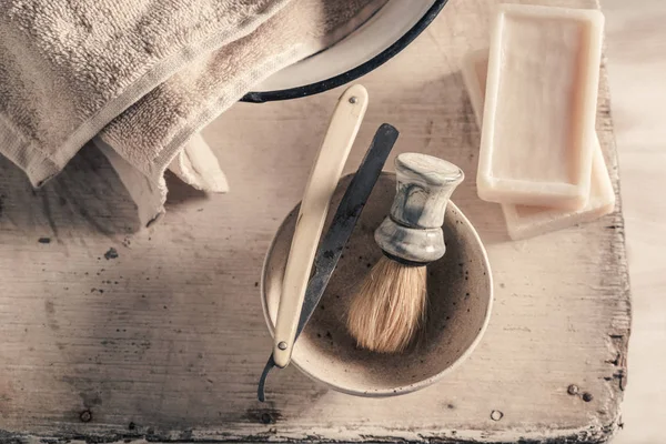 Benzersiz Tıraş Sabunu Fırça Eski Ustura Ile Ayarla — Stok fotoğraf