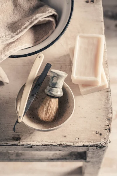 Antike Friseurausrüstung Mit Altem Rasiermesser Seife Und Pinsel — Stockfoto