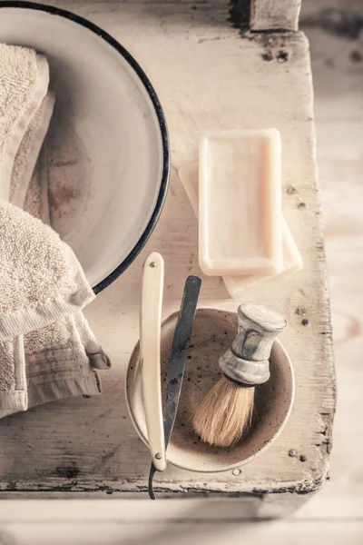 Ferramentas Vintage Para Barbear Com Espuma Lâmina Velha Escova — Fotografia de Stock