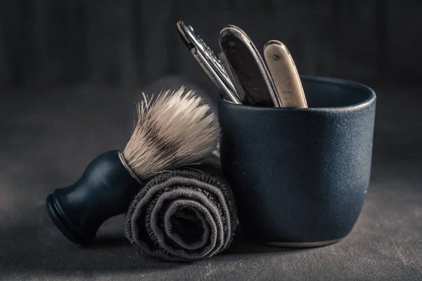 Unique Barber Equipment Old Razor Soap Brush — Stock Photo, Image