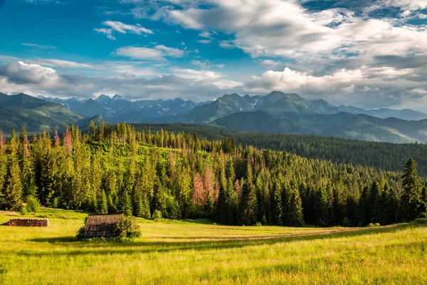 Mały Domek Zachód Słońca Zielone Doliny Tatrach — Zdjęcie stockowe