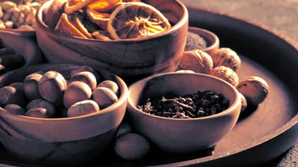 Christmas spices in bowls on the table — Stock Video