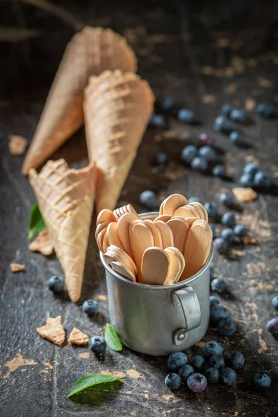 Fresh Blueberries Waffels Homemade Ice Cream — Stock Photo, Image