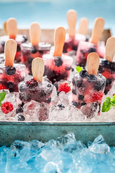 美味的浆果水果冰淇淋在冷冰 — 图库照片
