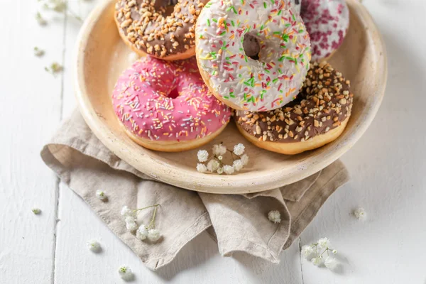 Tasty Homemade Donuts Various Types Toppings — Stock Photo, Image