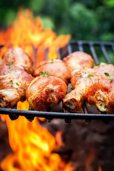 Lahodné kuřecí stehno s bylinkami a kořením na grilu — Stock fotografie