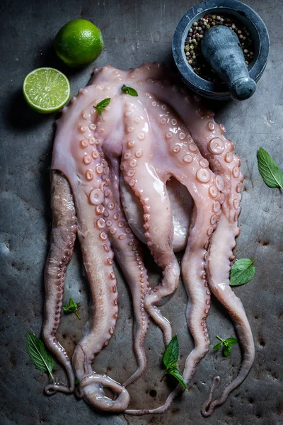 Čerstvě ulovené chobotnice a vápno na kovový stůl — Stock fotografie