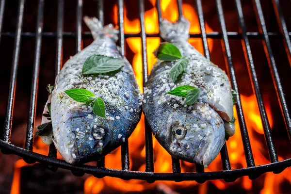 Zbliżenie, pikantne ryb na grillu z ziołami i solą — Zdjęcie stockowe