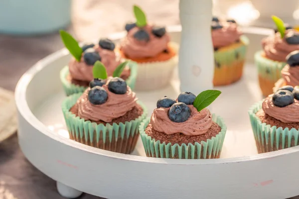Sweet and brown cupcake with fresh blueberries and cream — Stock Photo, Image