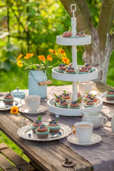 Zoete bruine cupcake geserveerd met koffie in de tuin — Stockfoto