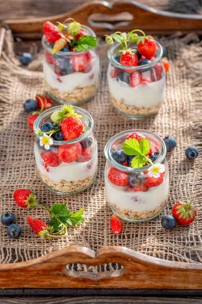 Deliziosa muesli con bacche e yogurt in vaso — Foto Stock