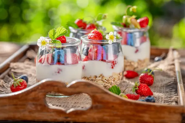 Вкусная мюсли в банке с йогуртом и ягодами — стоковое фото